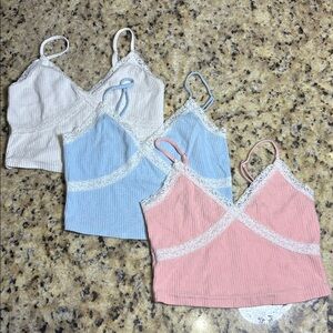 Three Aeropostale Lace Trim Ribbed Crop Tank Tops